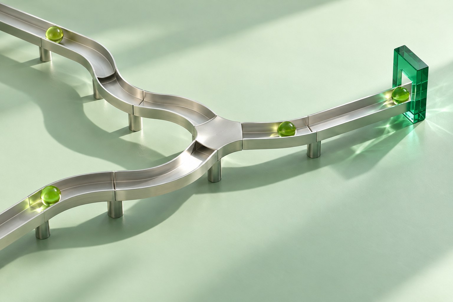 Conceptual green glass and aluminum routing system, an artistic metaphor for lead handoffs.